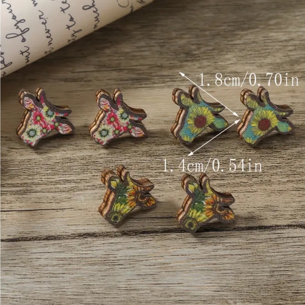 Floral Cow Stud Earrings - Picture 2 of 2